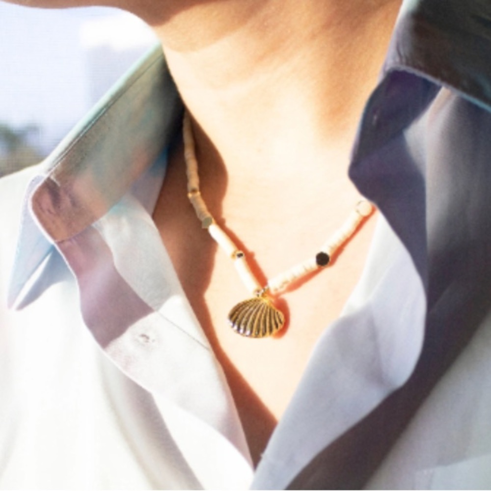 Shell necklace, sea shell Heishi beads choker, sea shell charm choker